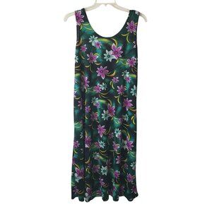Vintage Green Purple Floral Hawaiian Jersey Stretch Maxi Dress 90s